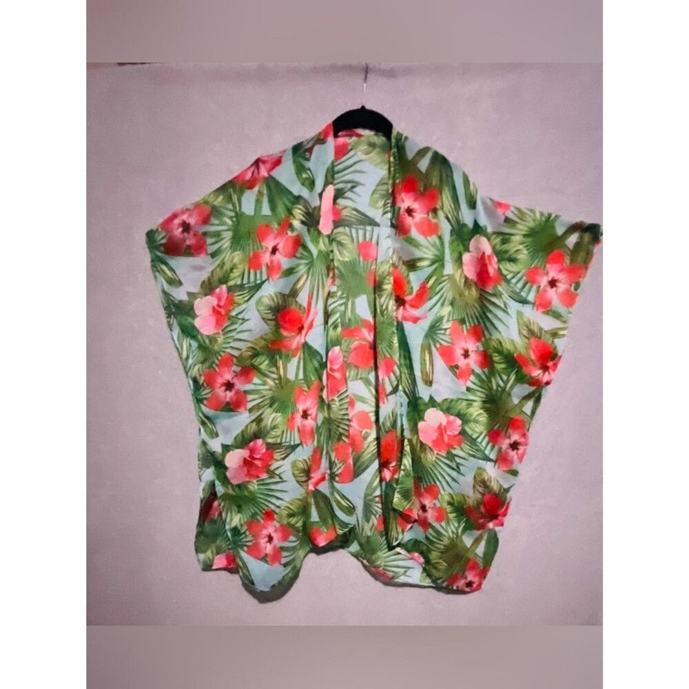 Tropical Floral Kimono Cardigan One Sz Hibiscus Palm Leaf Sheer Resortwear Blue - Picture 1 of 8